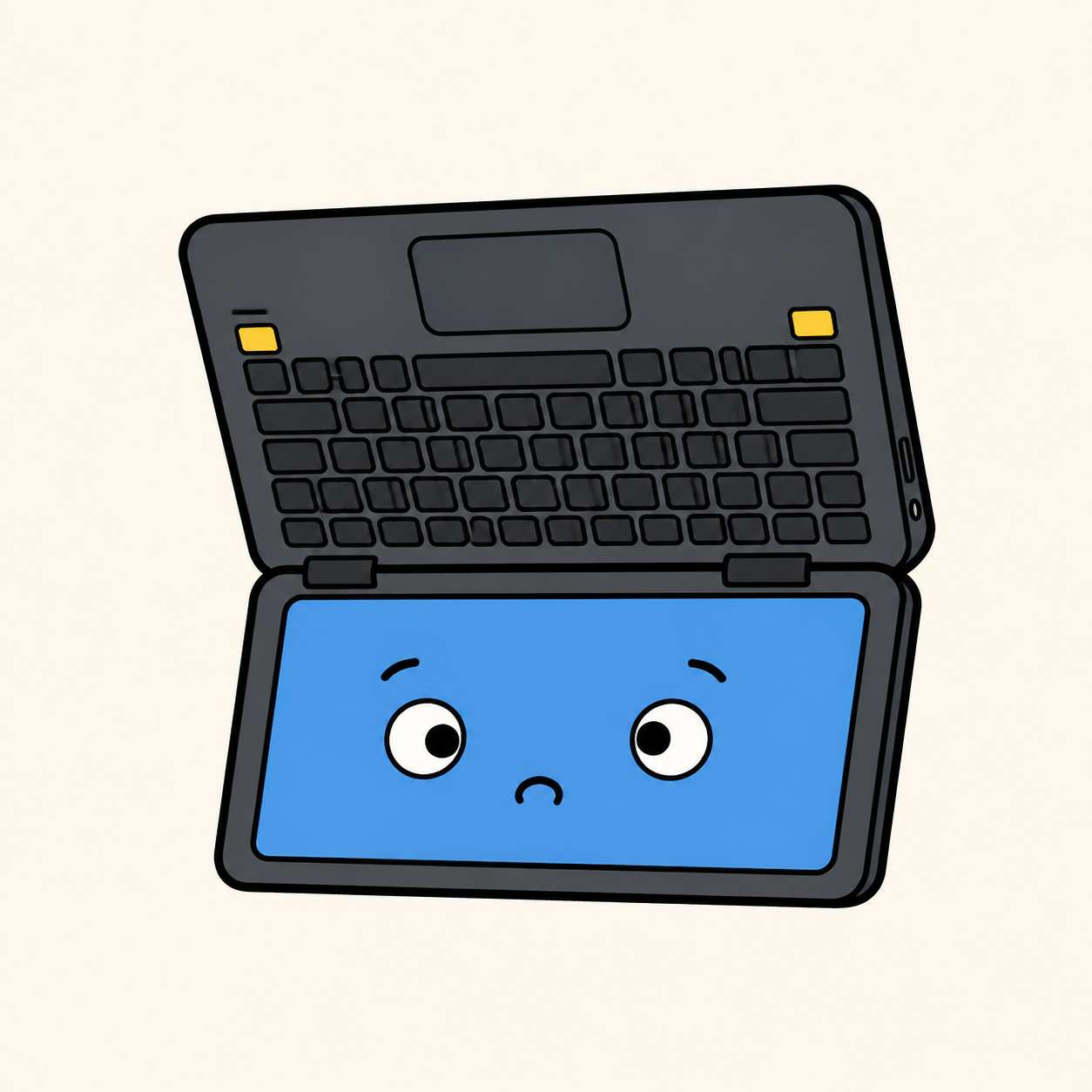 A minimal upside-down laptop character with a confused face